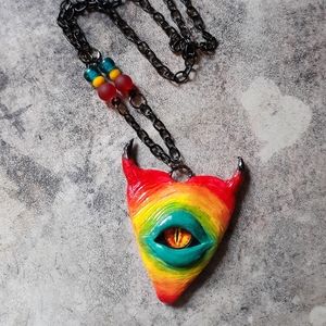 Rainbow Evil Eye Horned Heart Pendant Necklace